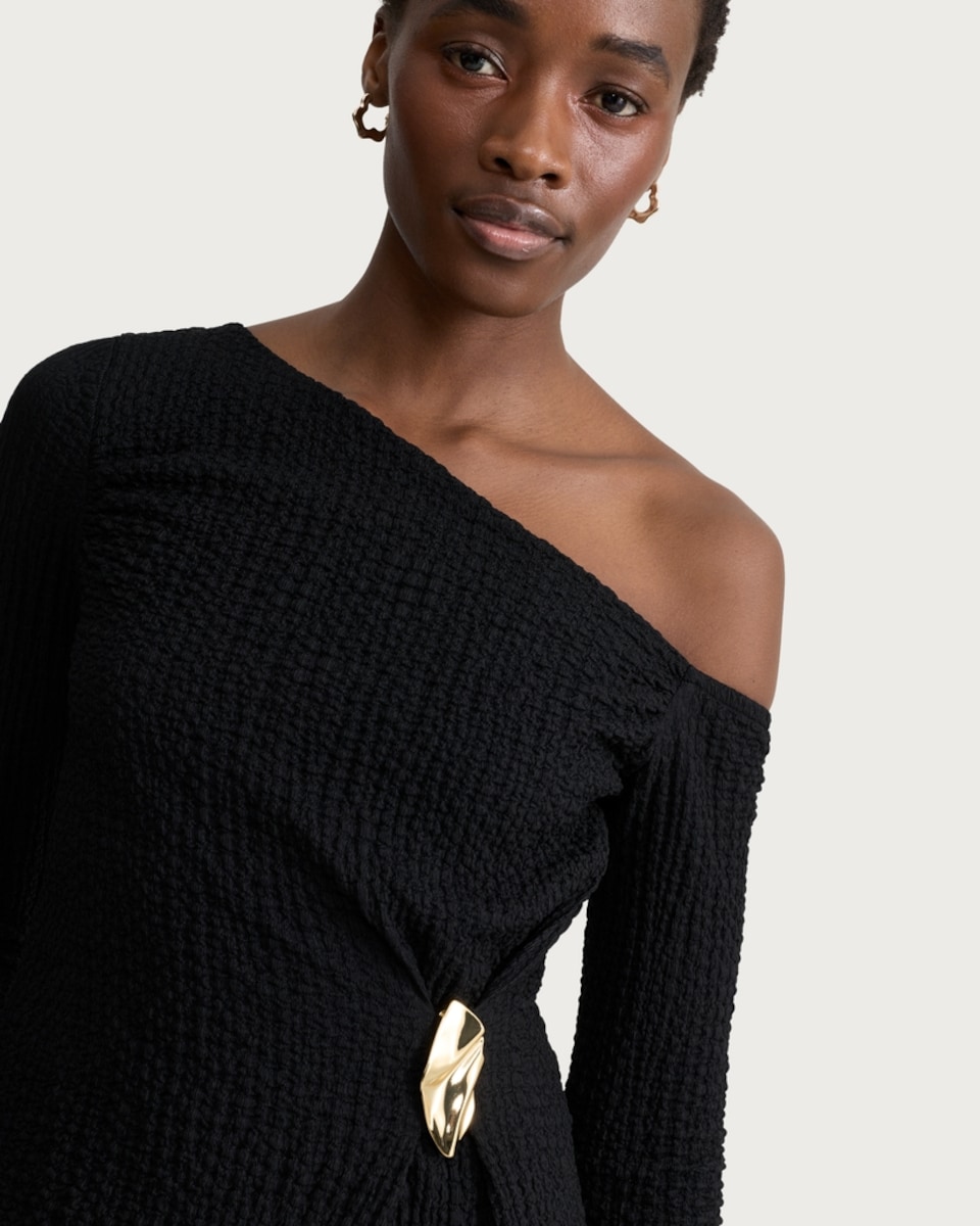 image 1 of F&F Textured Gold Buckle Asymmetric Hem Top in Black