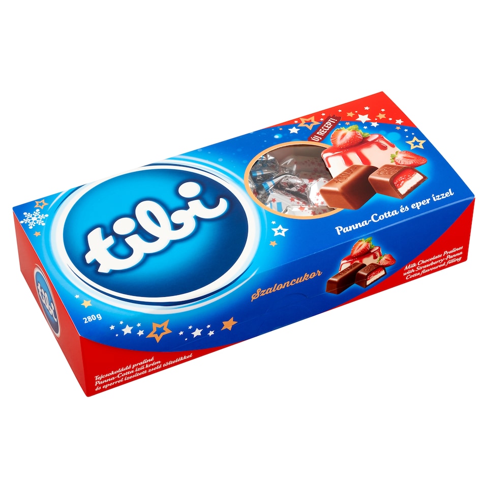 Tibi tejcsokoládé pralinék Panna-Cotta ízű krém és eperrel ízesített zselé töltelékkel 280 g
