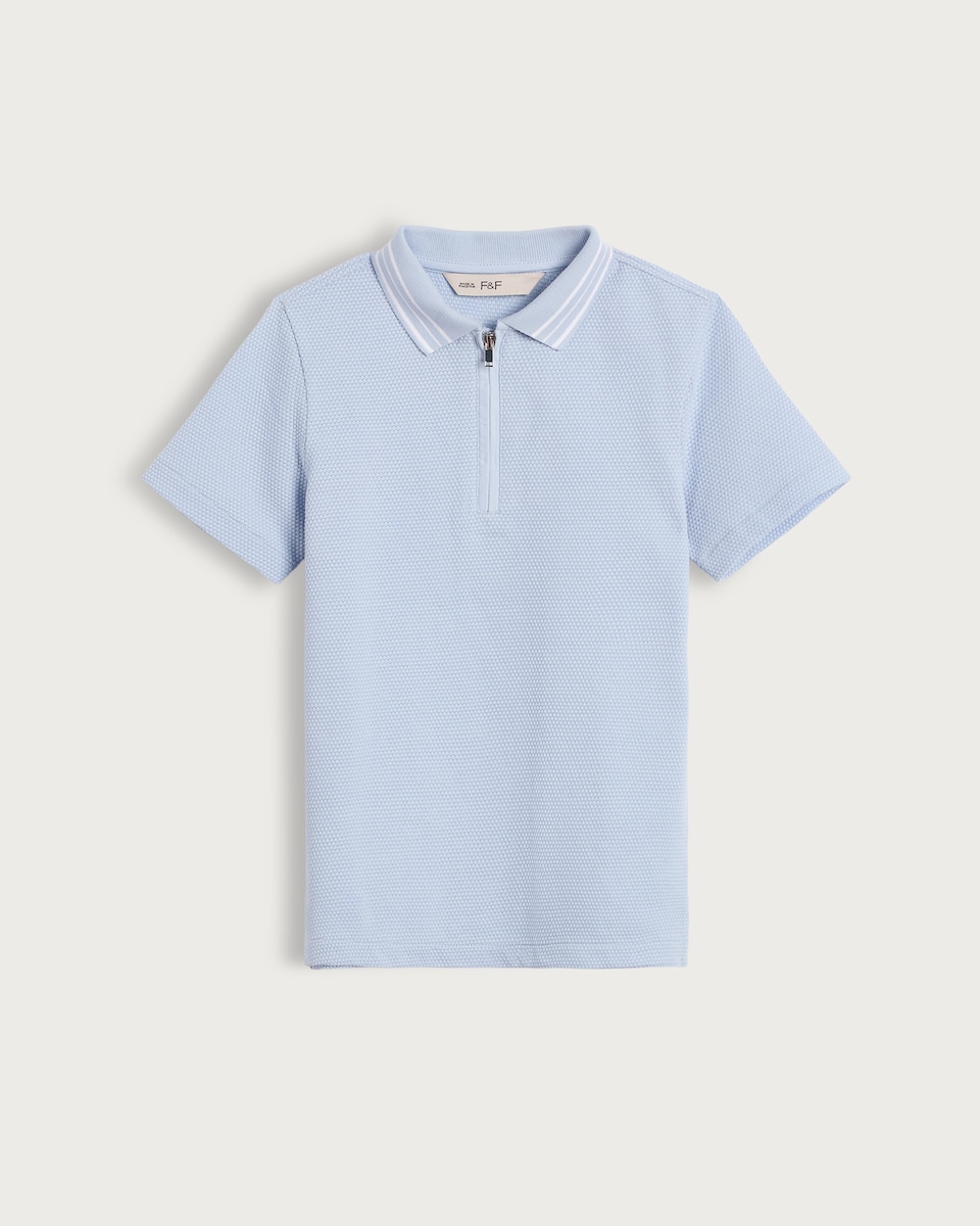 image 1 of F&F Boys Cotton Rich Textured Striped Polo Shirt in Blue