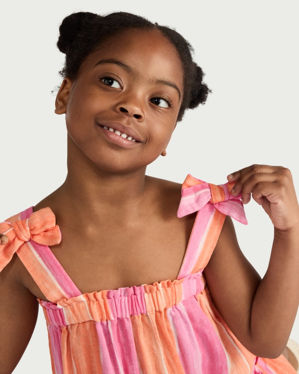 image 1 of F&F Girls Pure Cotton Striped Dress in Multi Pink