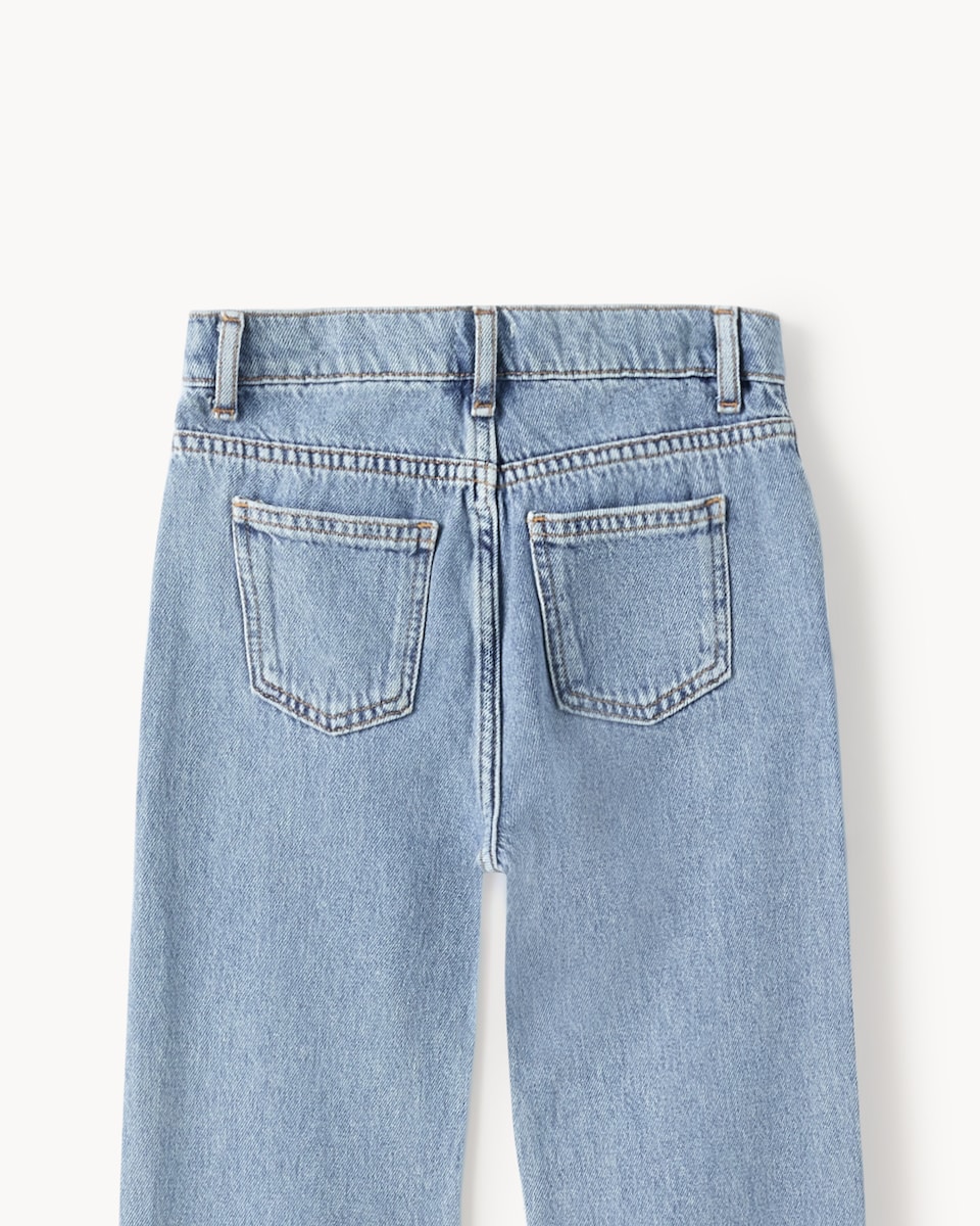 image 1 of F&F Girls Cotton Rich Embroidered Bow Turn Up Wide Leg Jeans in Blue