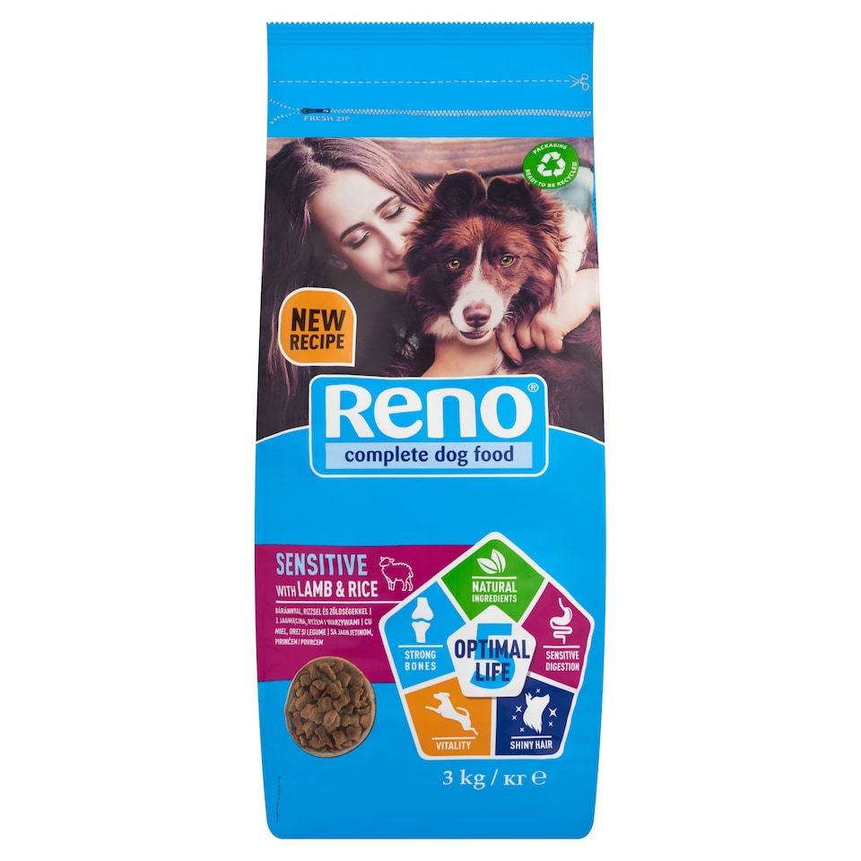 image 1 of Reno Optimal Life Dry Dog Food, Kibble for Adult Dogs with Lamb/Rice/Vegetables 3 kg