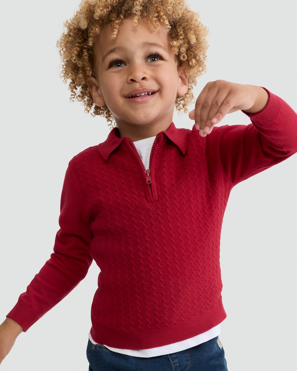 image 1 of F&F Boys Cable Knit Half Zip Polo in Red
