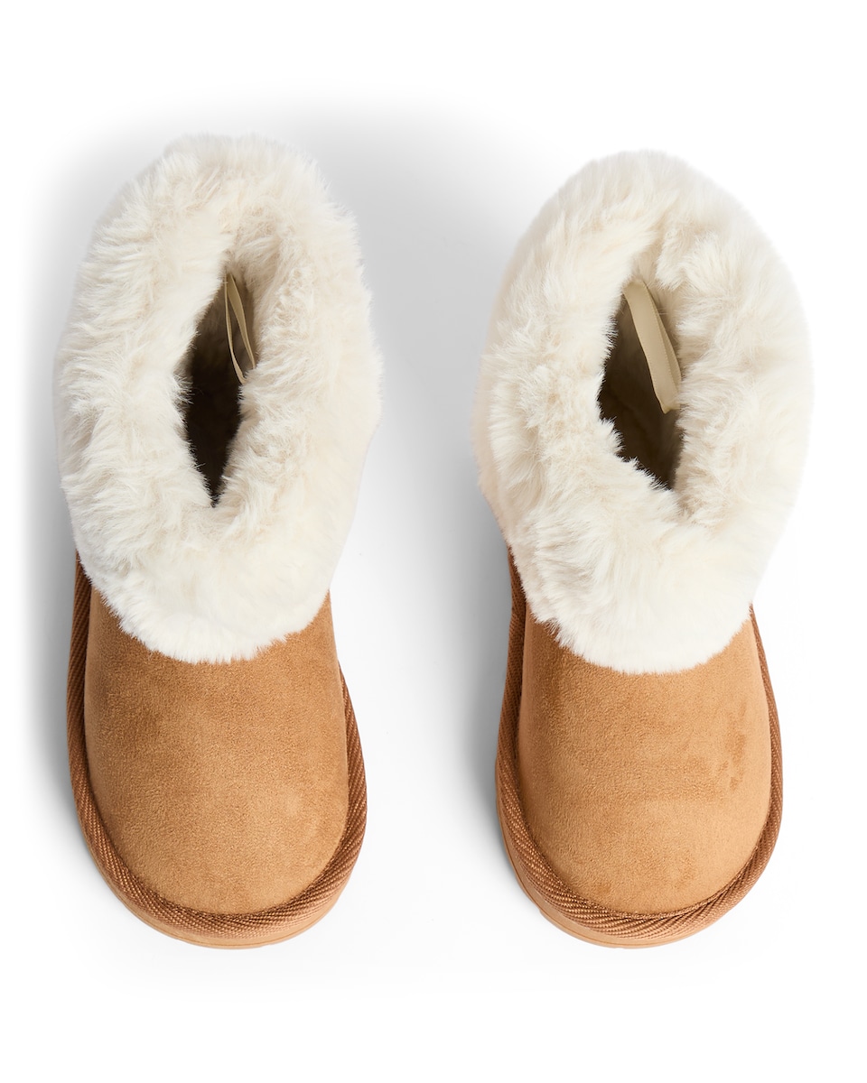 image 1 of F&F Girls Faux Fur Lined Boot Slippers in Tan