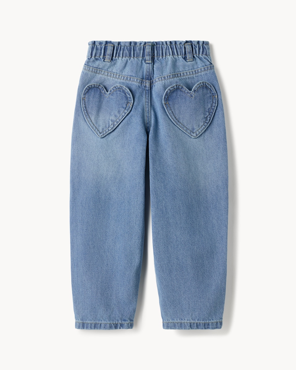 image 1 of F&F Girls Pure Cotton Heart Pocket Barrel Leg Jeans in Blue