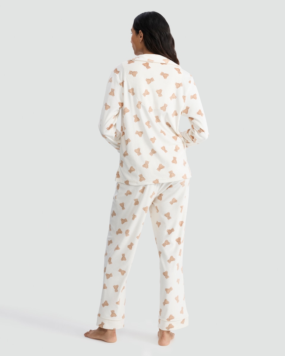 image 1 of F&F Fleece Teddy Bear Print Revere Pyjama Set in Cream