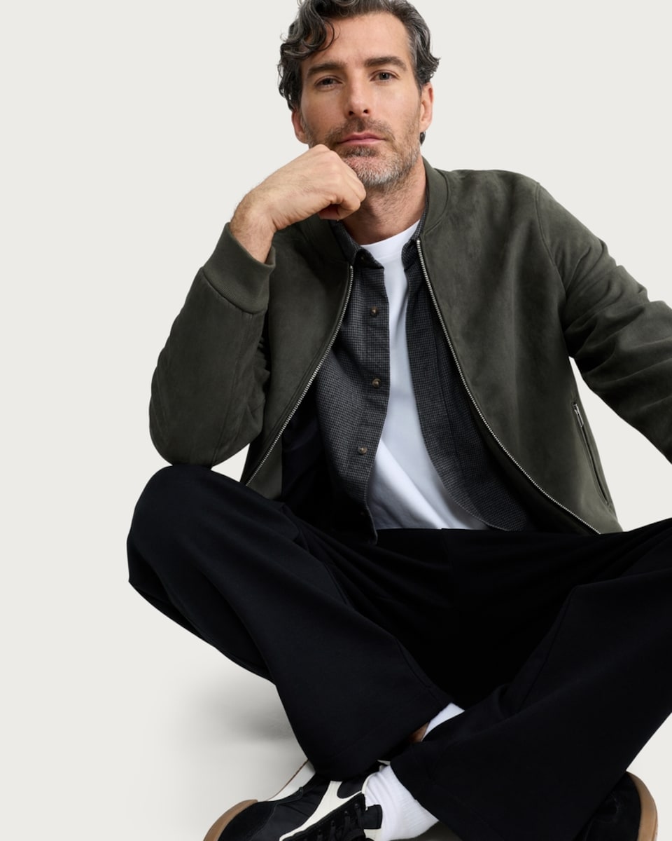 image 1 of The F&F Edit Faux Suede Zip Up Bomber Jacket in Khaki