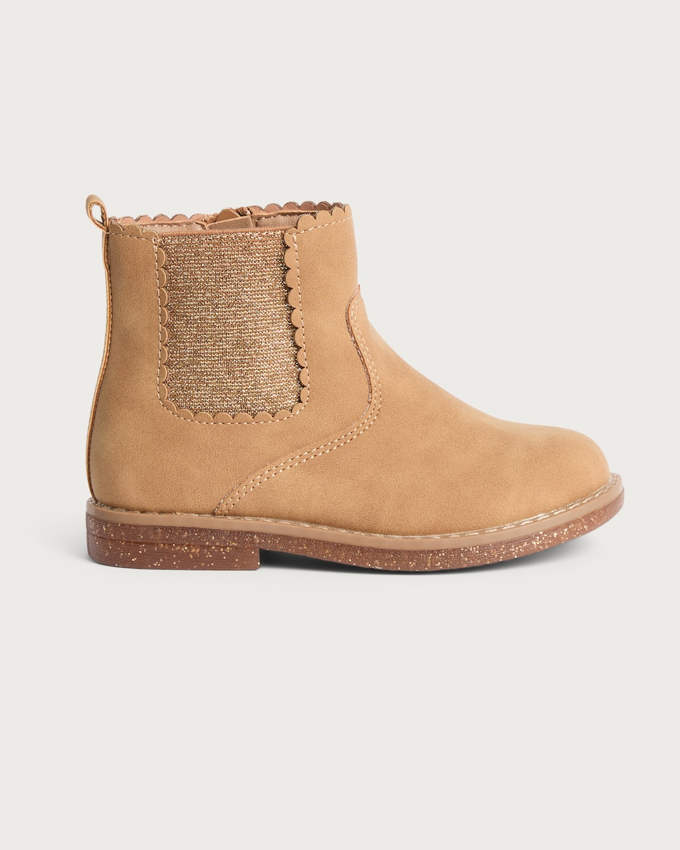 image 1 of F&F Girls Scallop Trim Ankle Boots in Tan