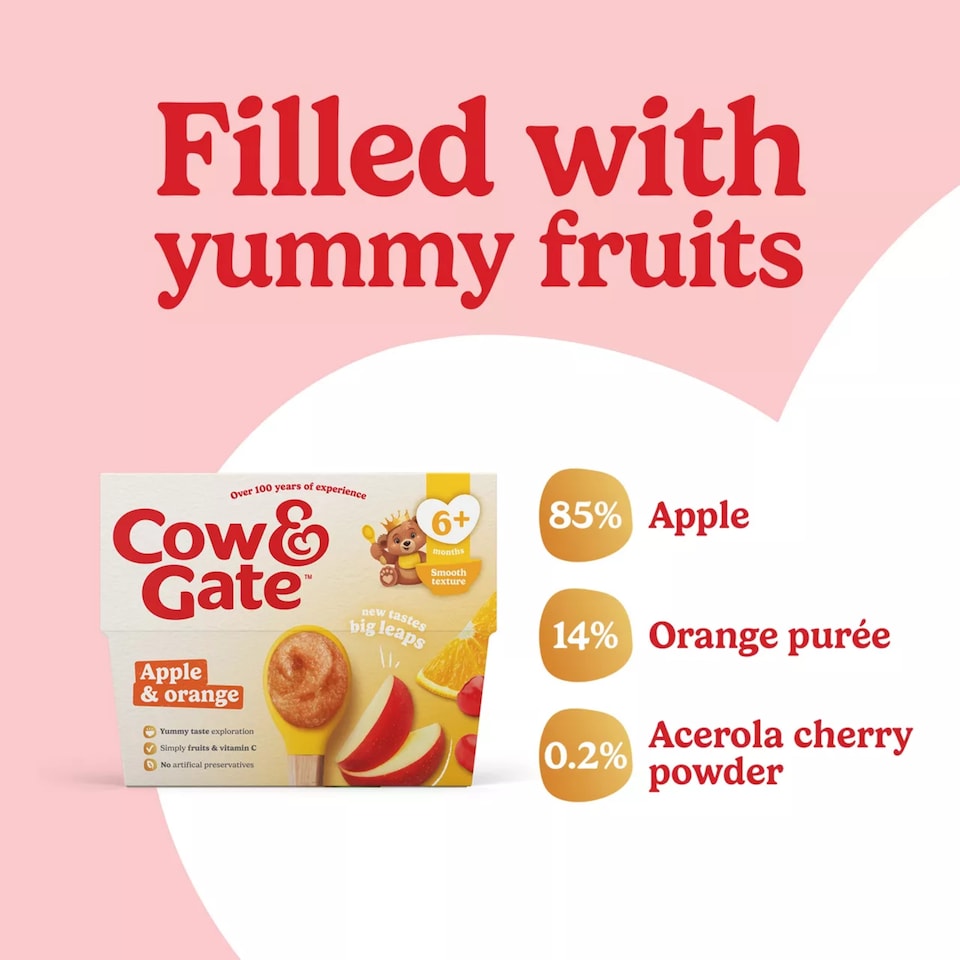 image 1 of Cow & Gate Pots Apple Orange Accerola 4x100g