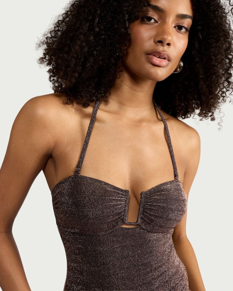 image 1 of F&F Metallic Cut Out Halterneck Bandeau Swimsuit in Chocolate