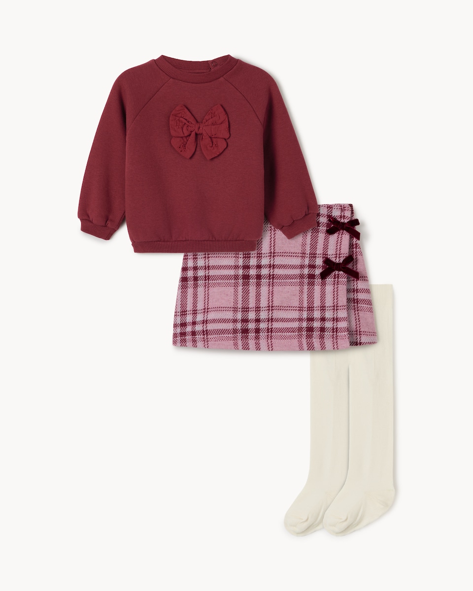 image 1 of F&F Baby Cotton Rich Sweatshirt, Skort and Tights Set in Pink
