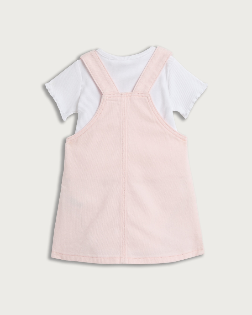 image 1 of F&F Baby Strawberry Embroidered Pinafore and Bodysuit Set in Pink