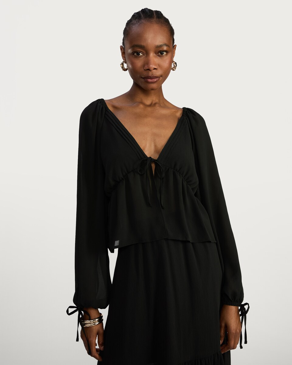 image 1 of F&F Tie Detail Long Sleeved Co-ord Blouse in Black