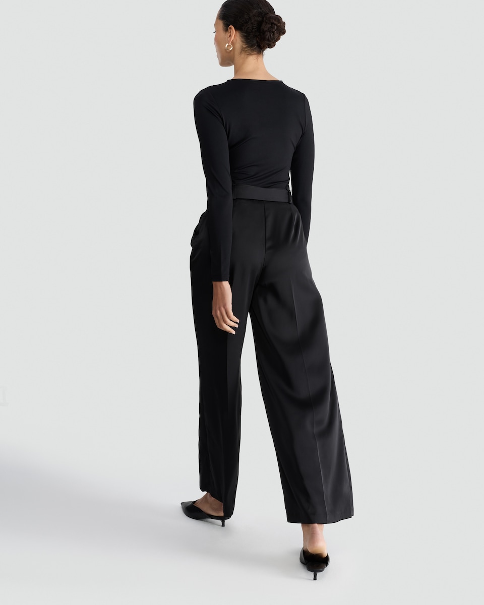 image 1 of F&F Satin Wide Leg Tie Waist Trousers in Black