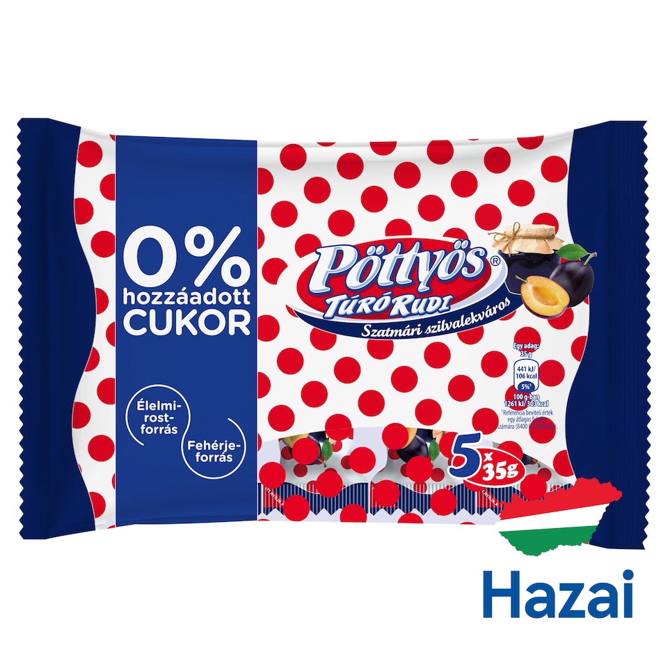 Pöttyös Túró Rudi desszertkészítmény szilvalekvárral, hozzáadott cukor nélkül 5 x 35 g (175 g)