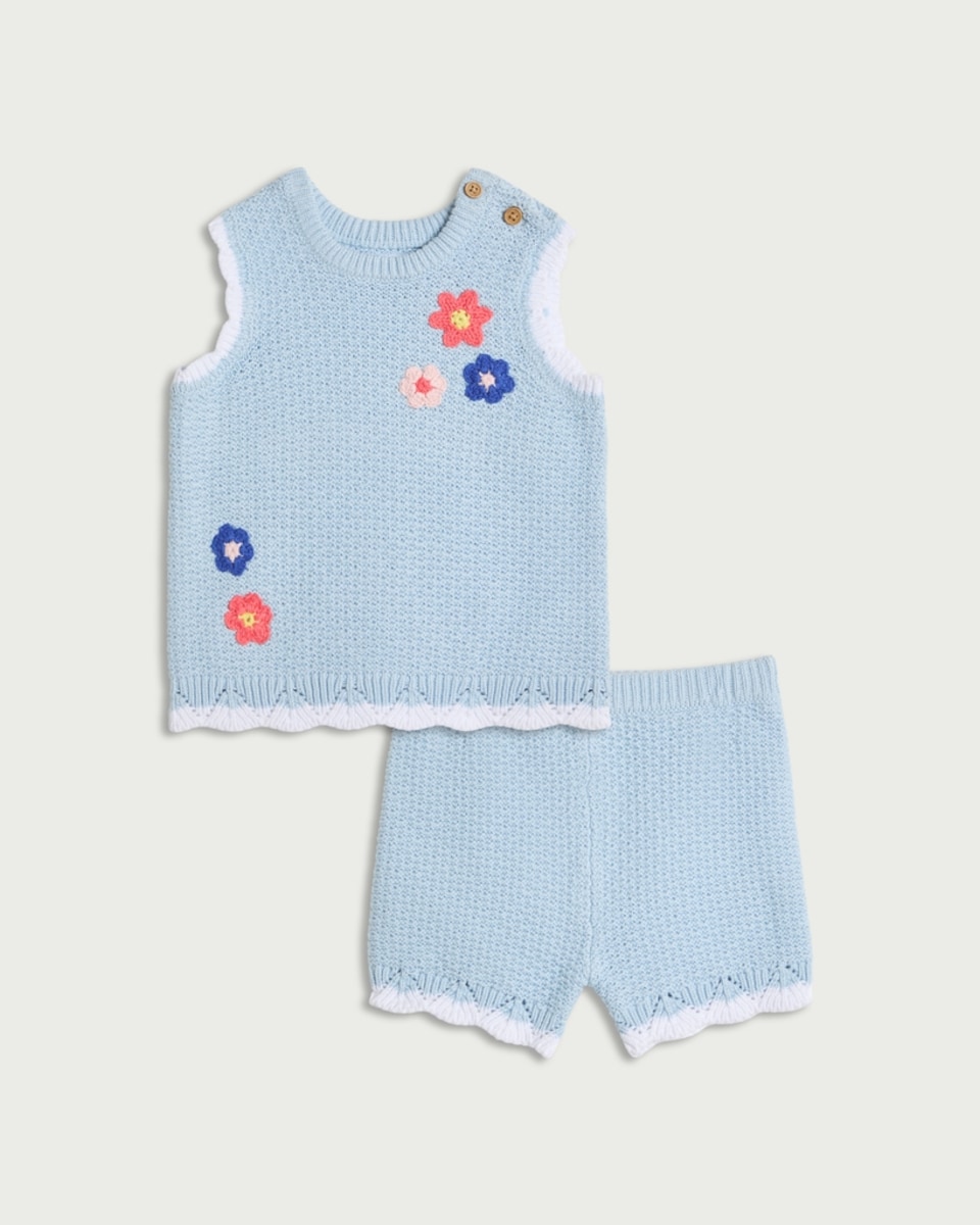 image 1 of F&F Baby 2-Piece Pure Cotton Floral Crochet Vest and Shorts Set in Blue