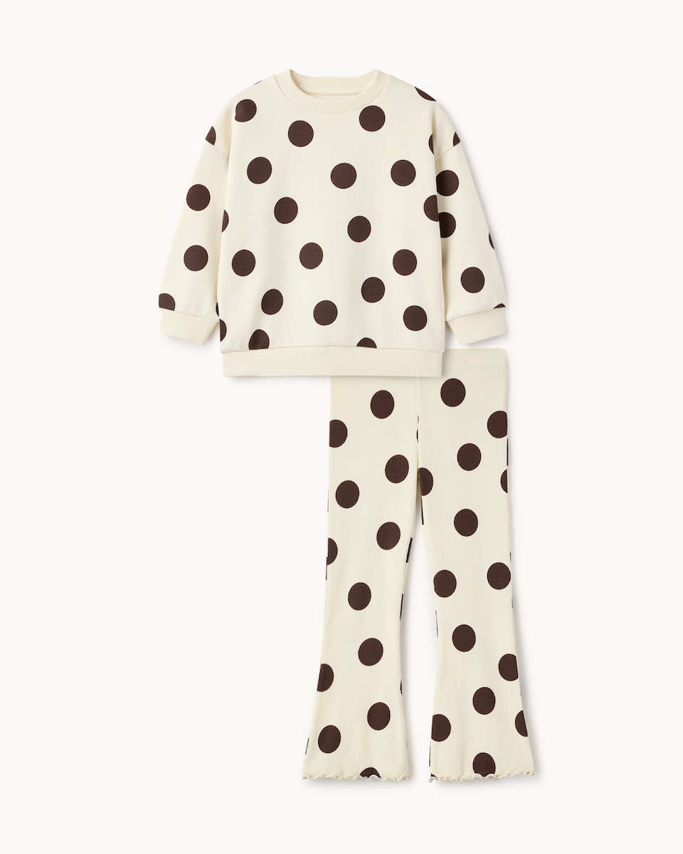 image 1 of F&F Girls Cotton Rich Polka Dot Sweatshirt and Flared Leggings Set in Cream
