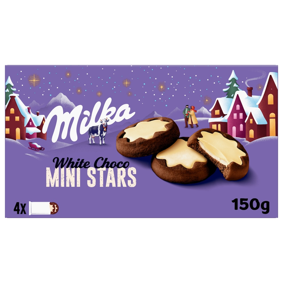 image 1 of Milka White Choco Mini Stars Cocoa Biscuits Milk Filling and White Chocolate 150 g