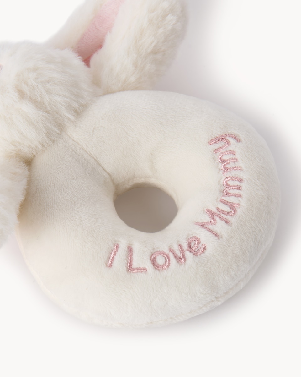 image 1 of F&F Baby I Love Mummy Bunny Rattle in White