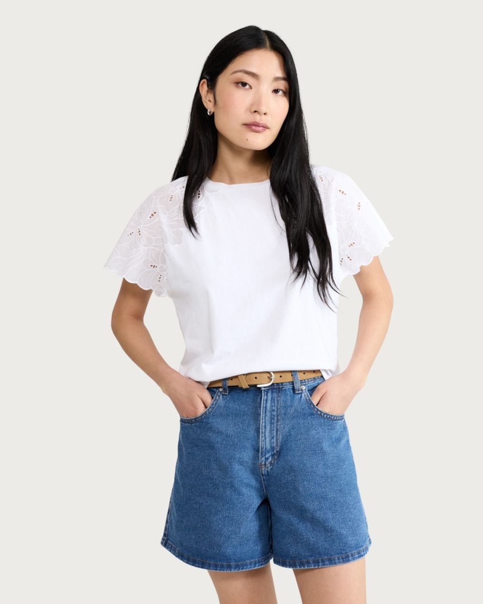 image 1 of F&F Pure Cotton Embroidered Sleeved T-Shirt in White