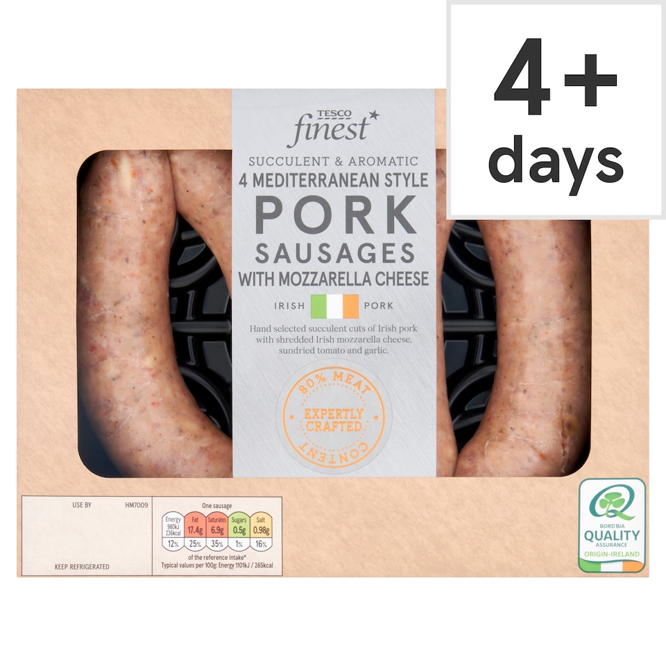 Tesco Finest 4 Mediterranean Style Pork Sausages with Mozarella Cheese 440g