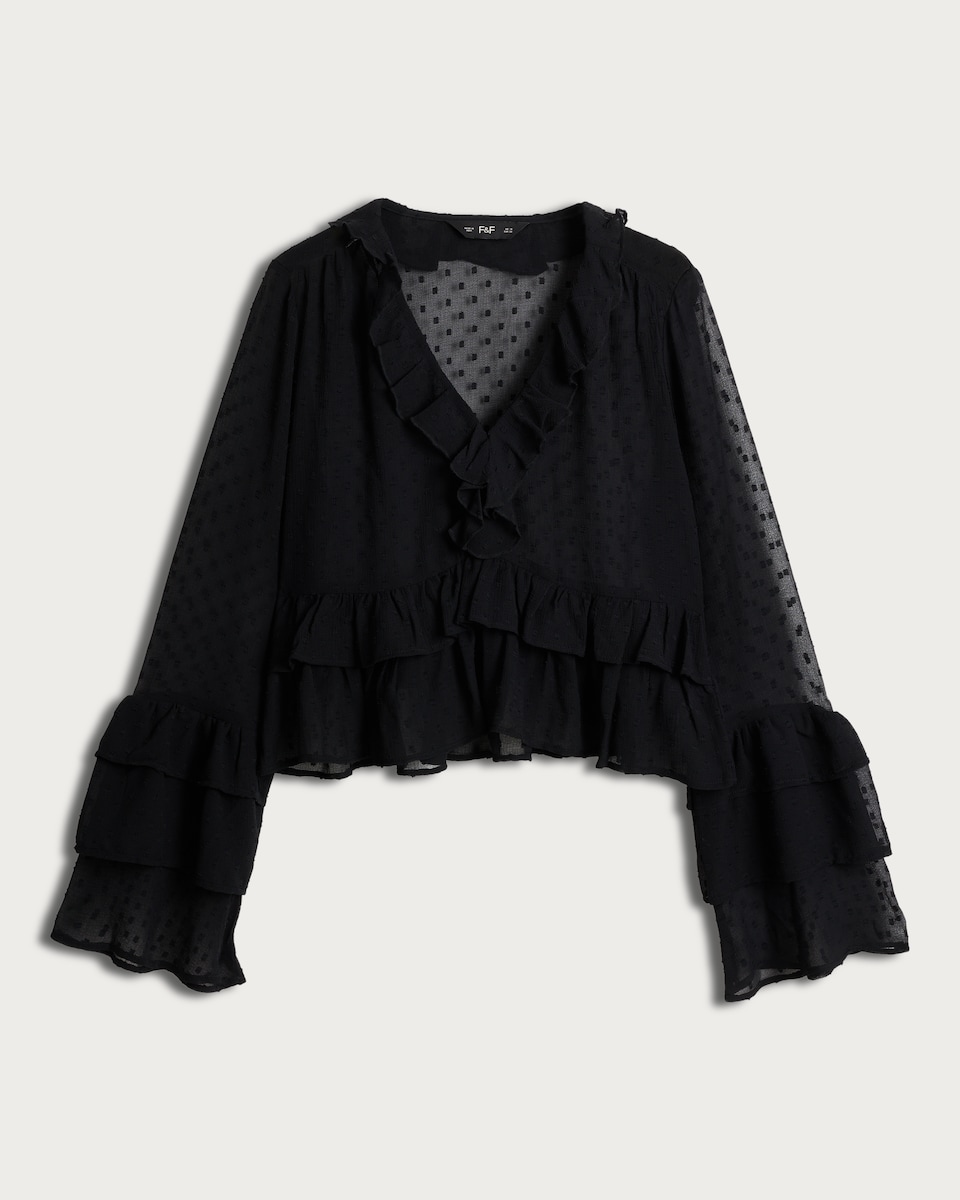 image 1 of F&F Chiffon Polka Dot Ruffled Blouse in Black