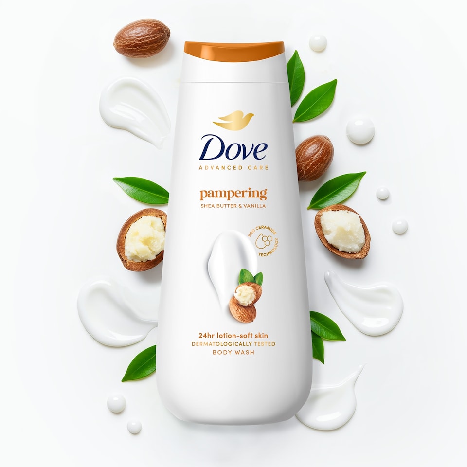 image 1 of Dove Pampering 24hr Moisturisation Advanced Care Body Wash Shower Gel Shea Butter & Vanilla 400ml