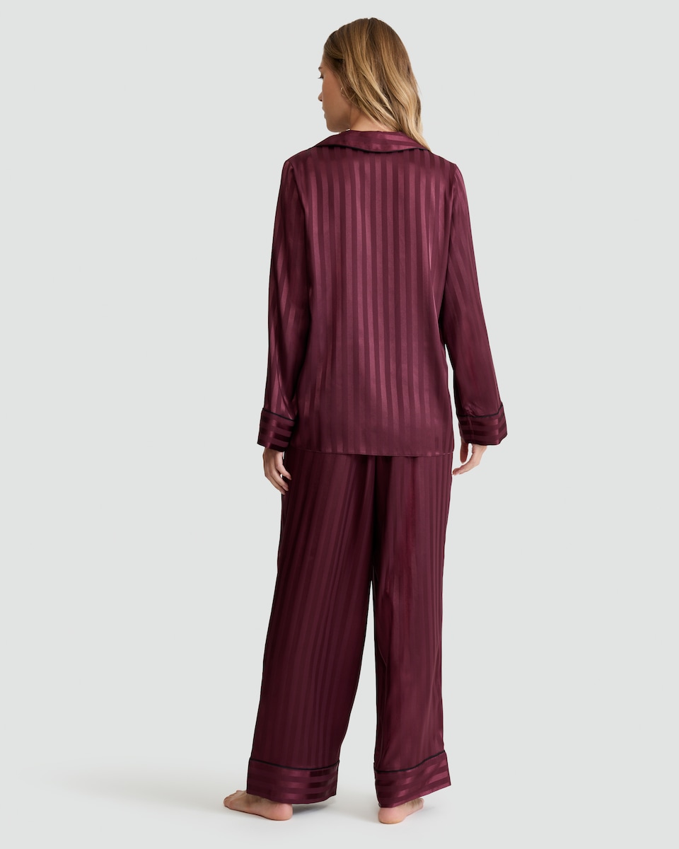 image 1 of F&F CoolEase™ Satin Stripe Print Shirt and Trousers Pyjamas in Purple