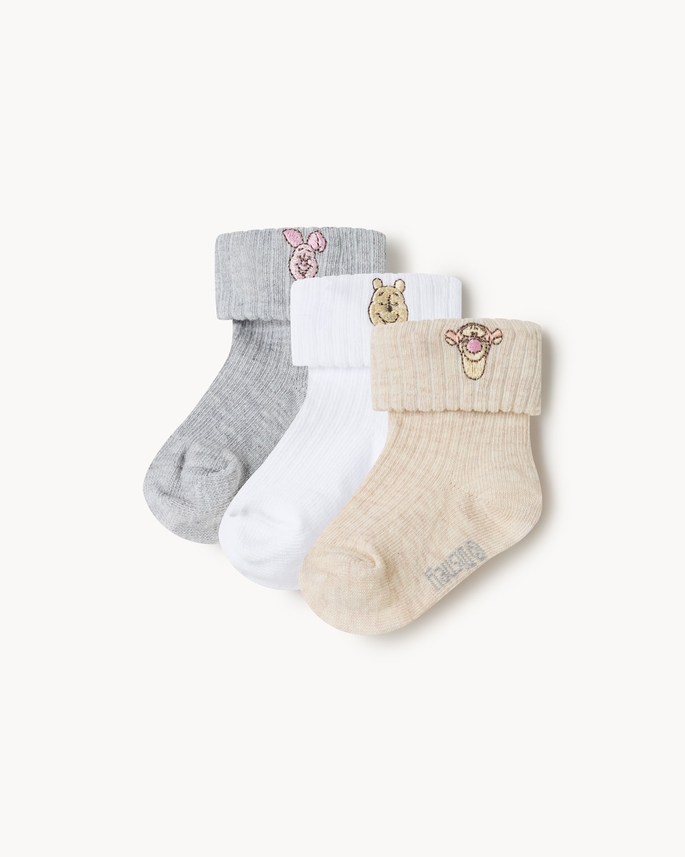 Disney Winnie The Pooh 3-Pack Cotton Blend Embroidered Roll Top Socks in Multi