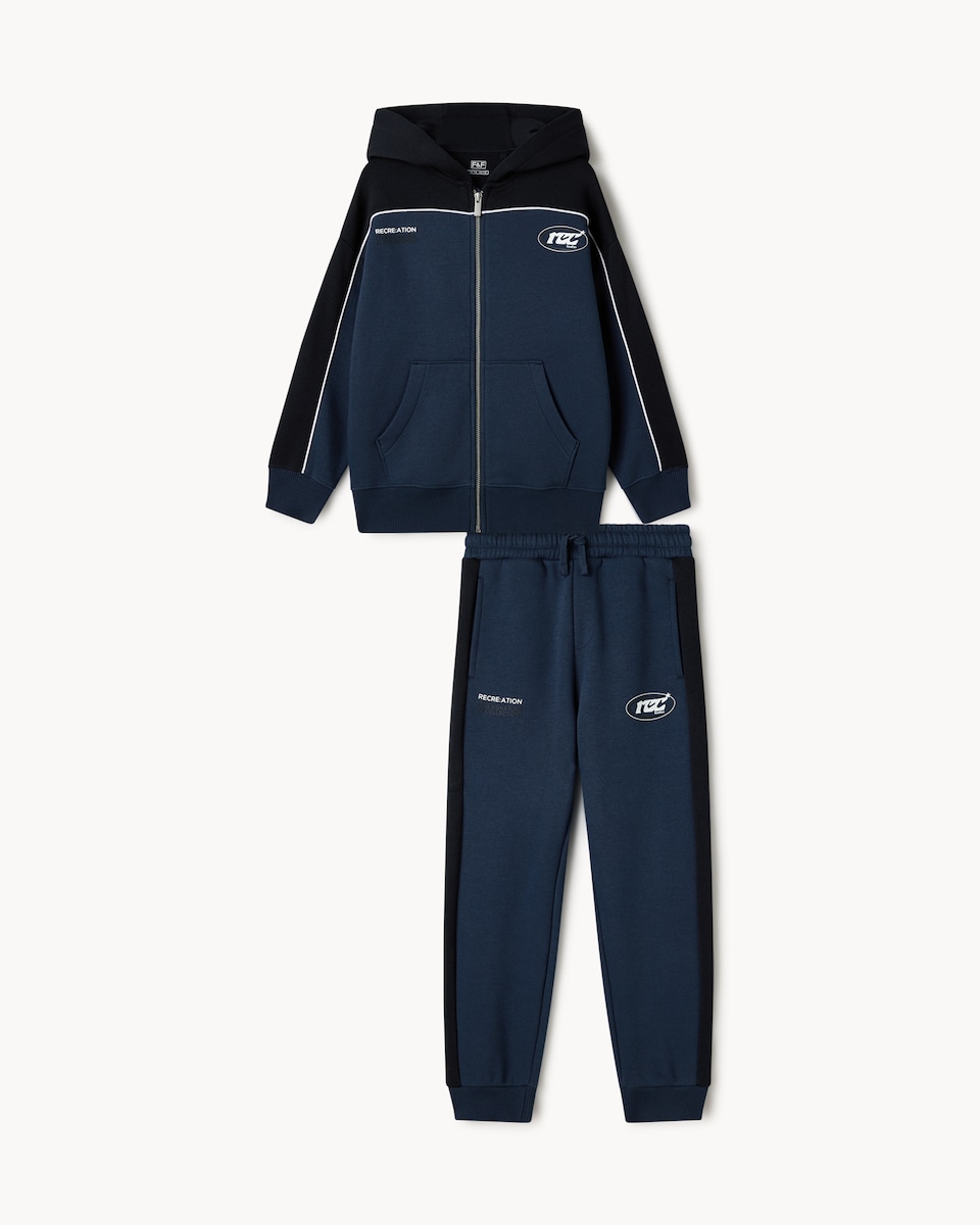 image 1 of F&F Boys Cotton Rich Colour Block Hoodie and Joggers Set in Navy
