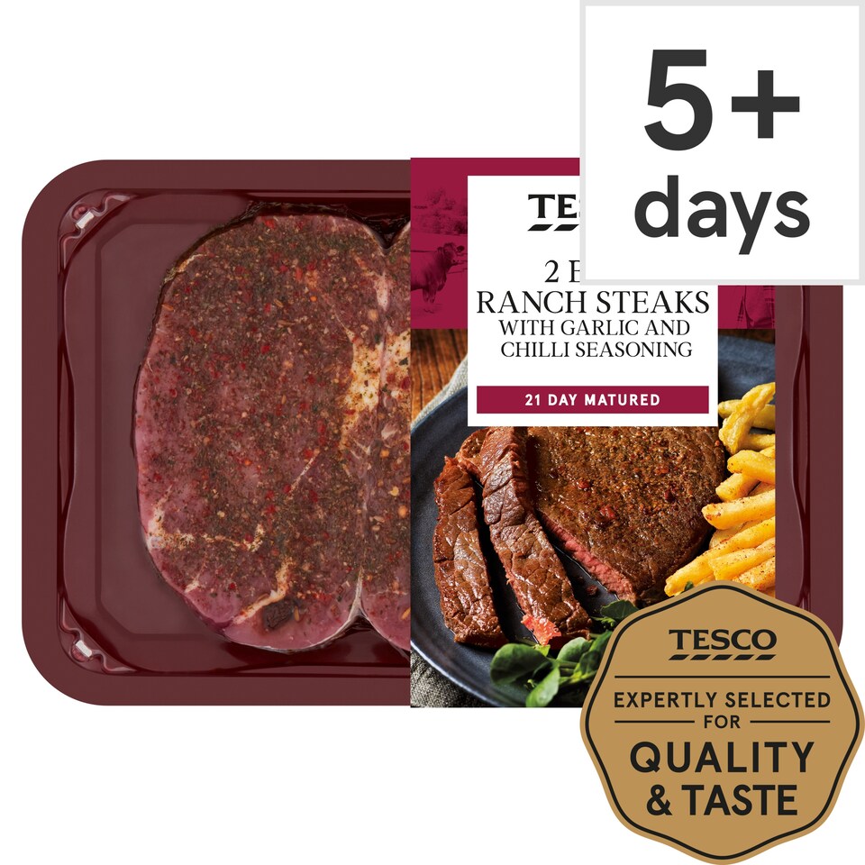 Tesco 2 Beef Ranch Steaks With Garlic & Chilli 250G