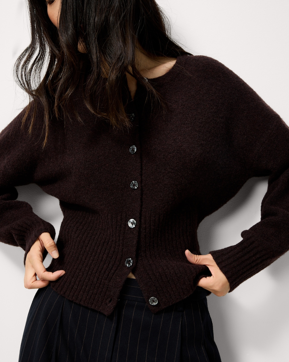 image 1 of F&F Waisted Knitted Cardigan with Wool in Burgundy