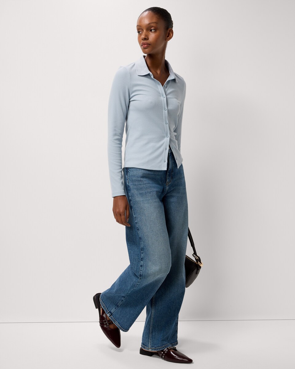 image 1 of F&F Ribbed Button Through Top in Blue