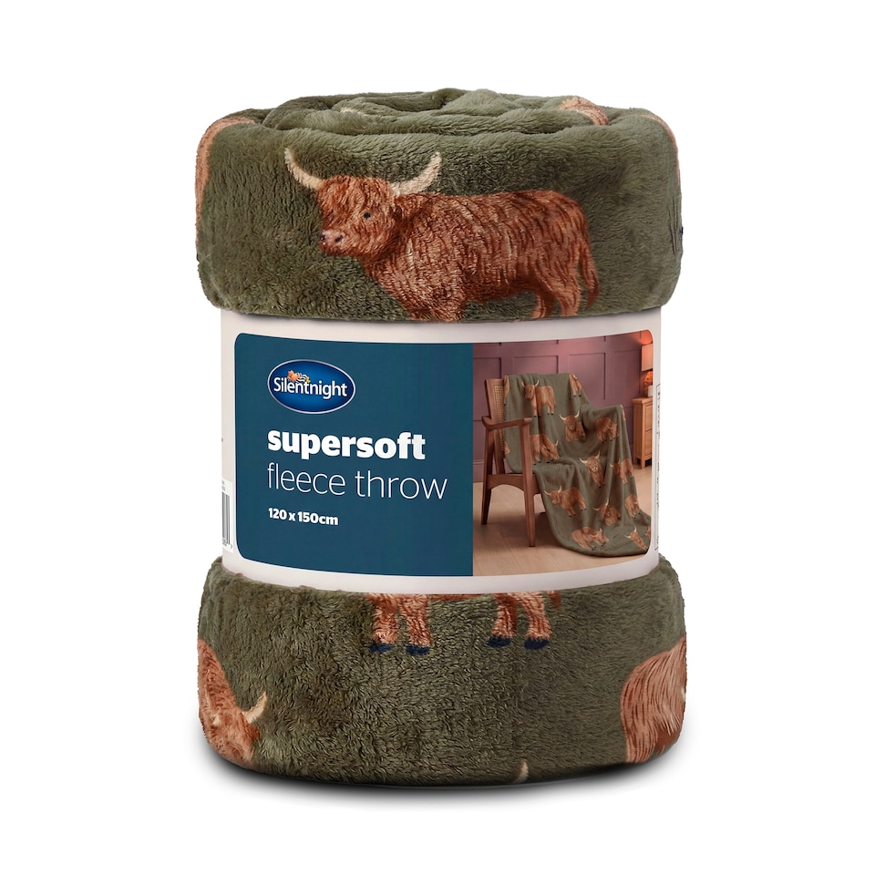 image 1 of Silentnight Green Highland Cow Fleece Throw