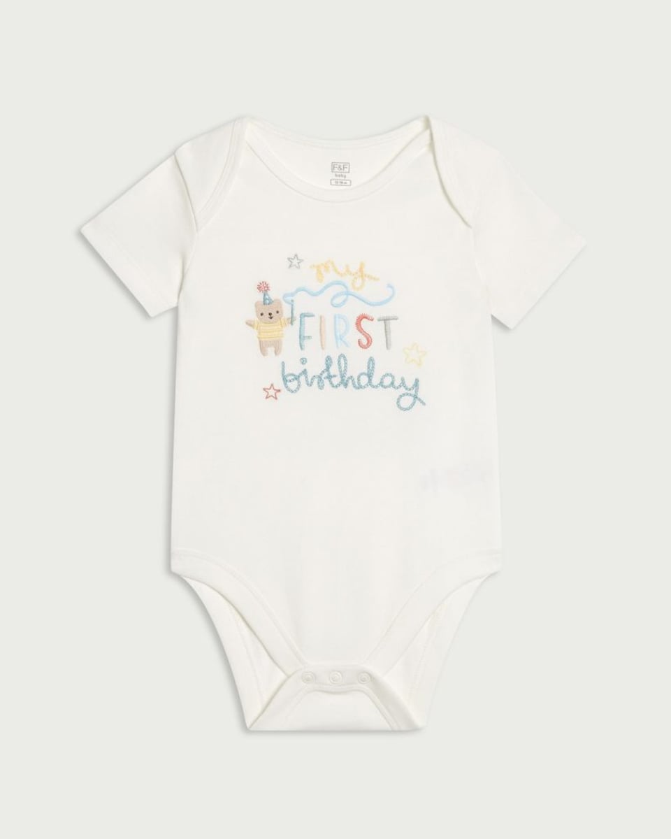 image 1 of F&F Baby Pure Cotton My First Birthday Bodysuit in White