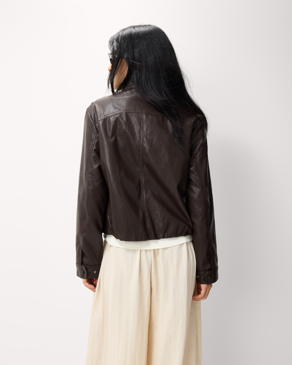 image 1 of F&F Faux Leather Funnel Neck Jacket in Brown