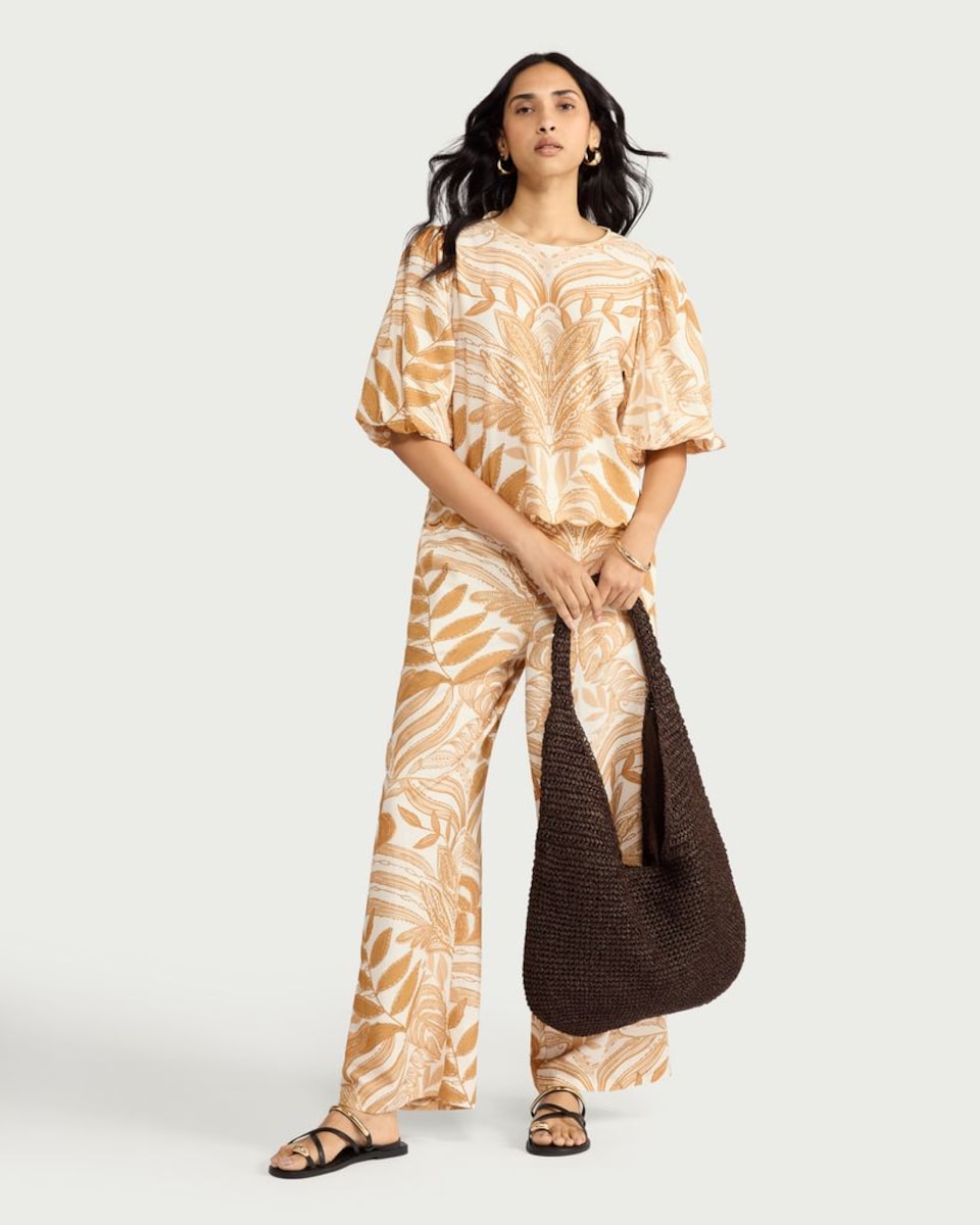 image 1 of F&F Leaf Print Puff Sleeved Co-ord Top in Multi Orange