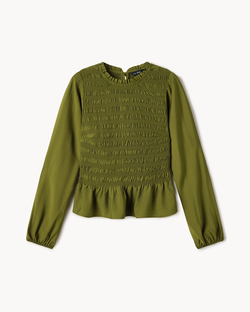 image 1 of F&F Shirred Peplum Top in Olive