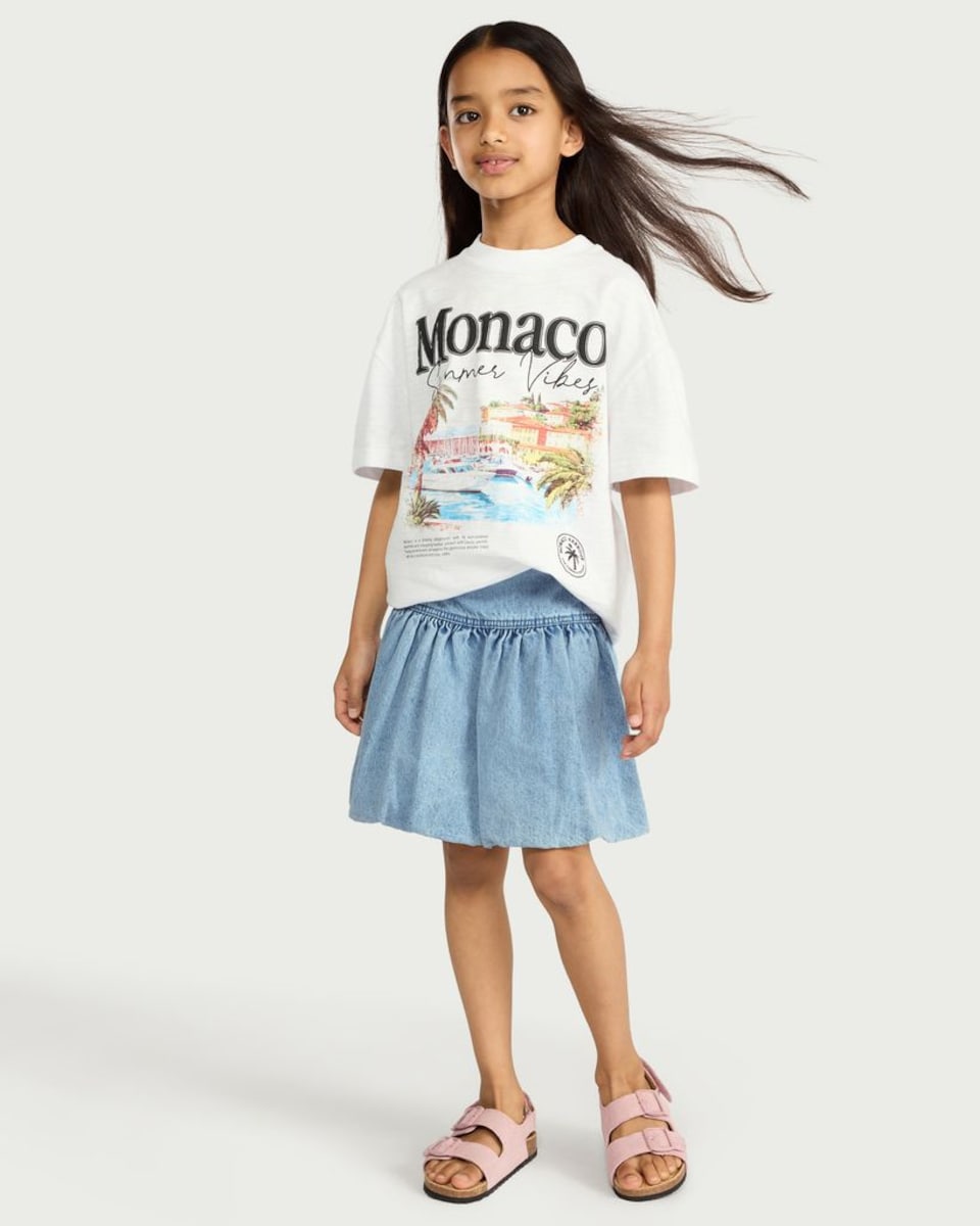 image 1 of F&F Girls Pure Cotton Bubble Hem Denim Skirt in Blue