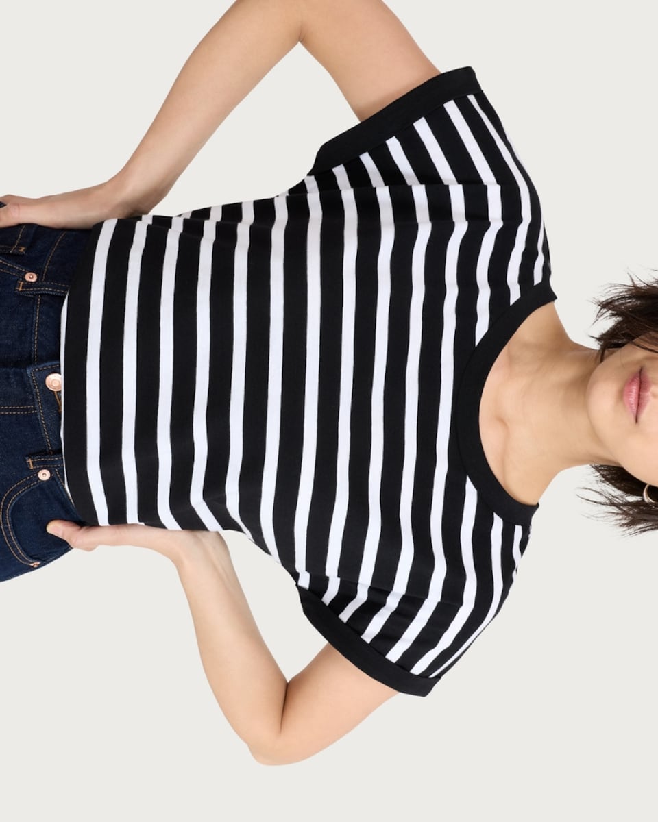 image 1 of F&F Pure Cotton Striped Short Sleeved T-Shirt in Multi Black White