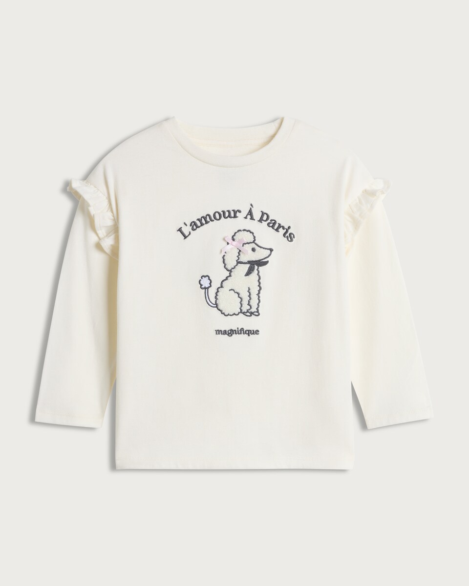 image 1 of F&F Girls Pure Cotton Poodle Print Ruffle Top in Cream