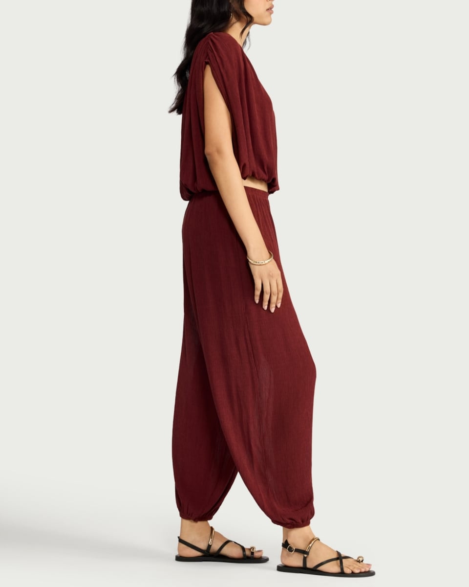image 1 of F&F Textured Elasticated Cuff Balloon Co-ord Trousers in Red