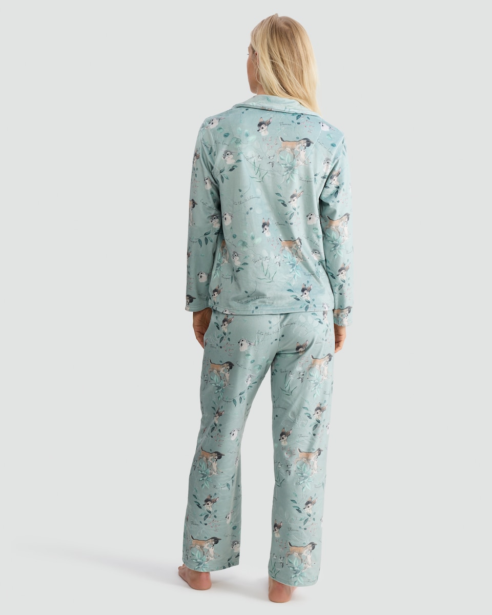 image 1 of Disney Bambi Print Revere Shirt and Trousers Fleece Pyjama Set in Multi Green