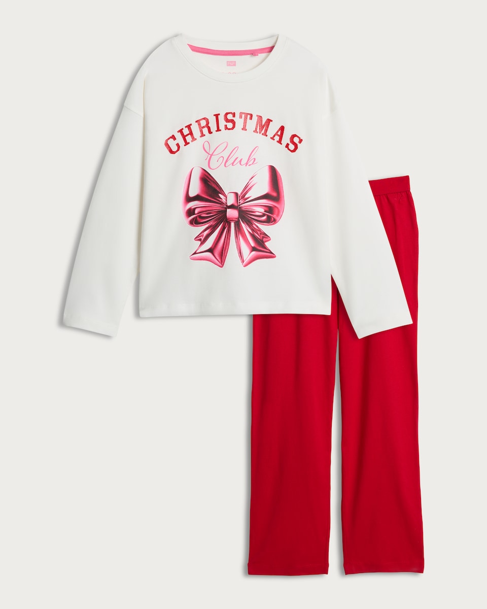 image 1 of F&F Girls Pure Cotton Christmas Club Slogan Pyjamas in Multi
