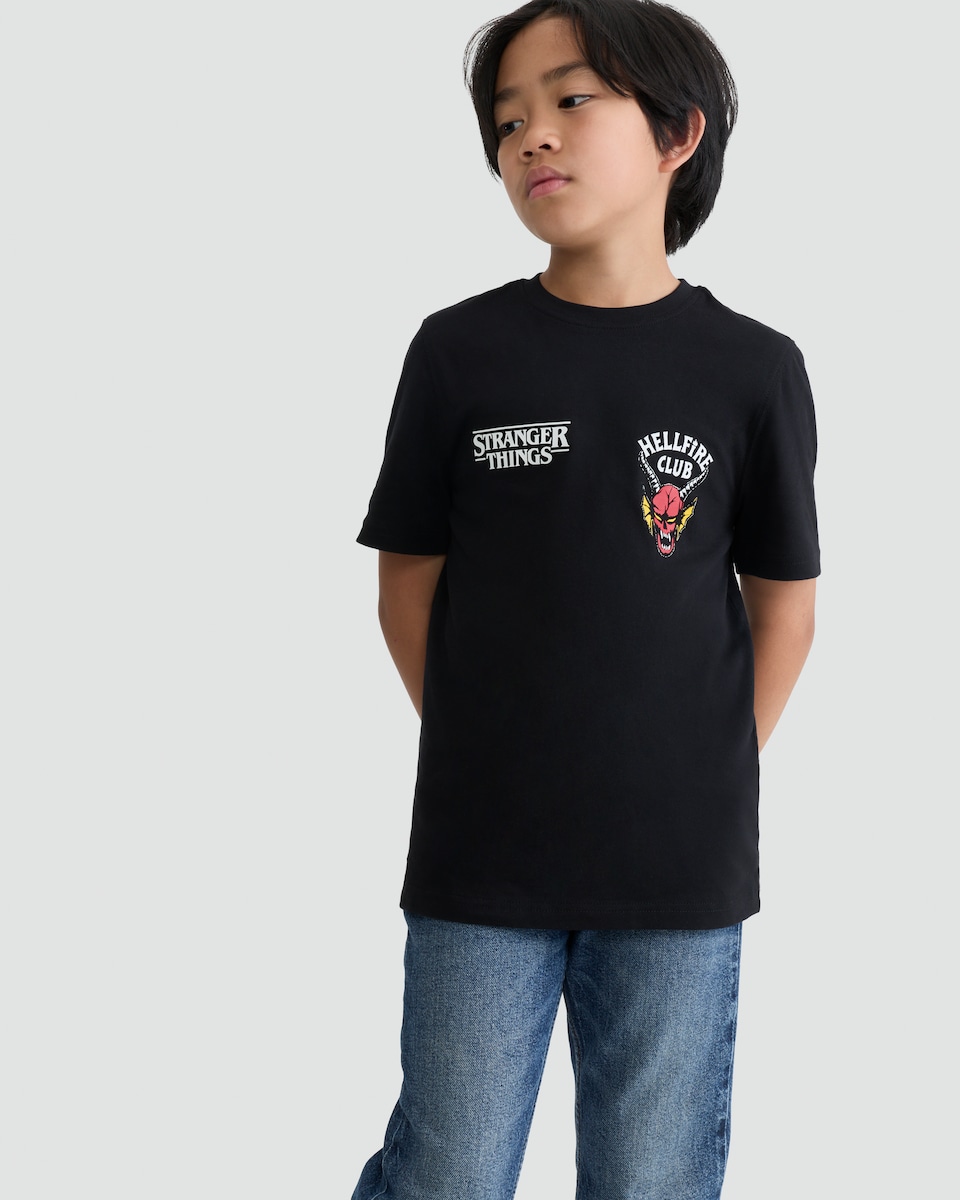 image 1 of Stranger Things Pure Cotton Hellfire Club Print T-Shirt in Black