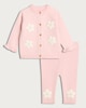 image 1 of F&F Baby 2-Piece Knitted Floral Cardigan and Leggings Set in Pink