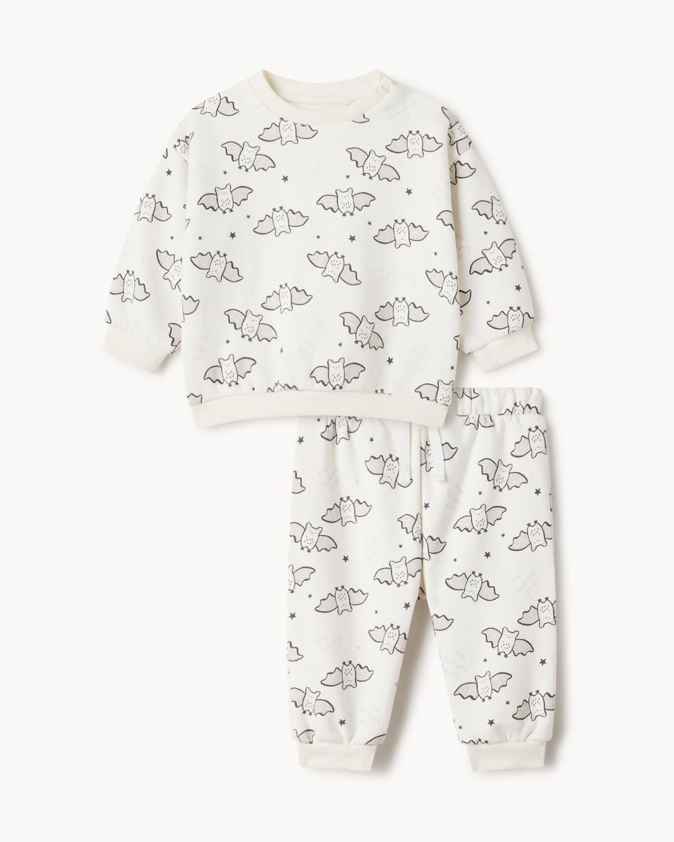 image 1 of F&F Baby 2-Piece Cotton Rich Bat Sweatshirt and Joggers Set in White
