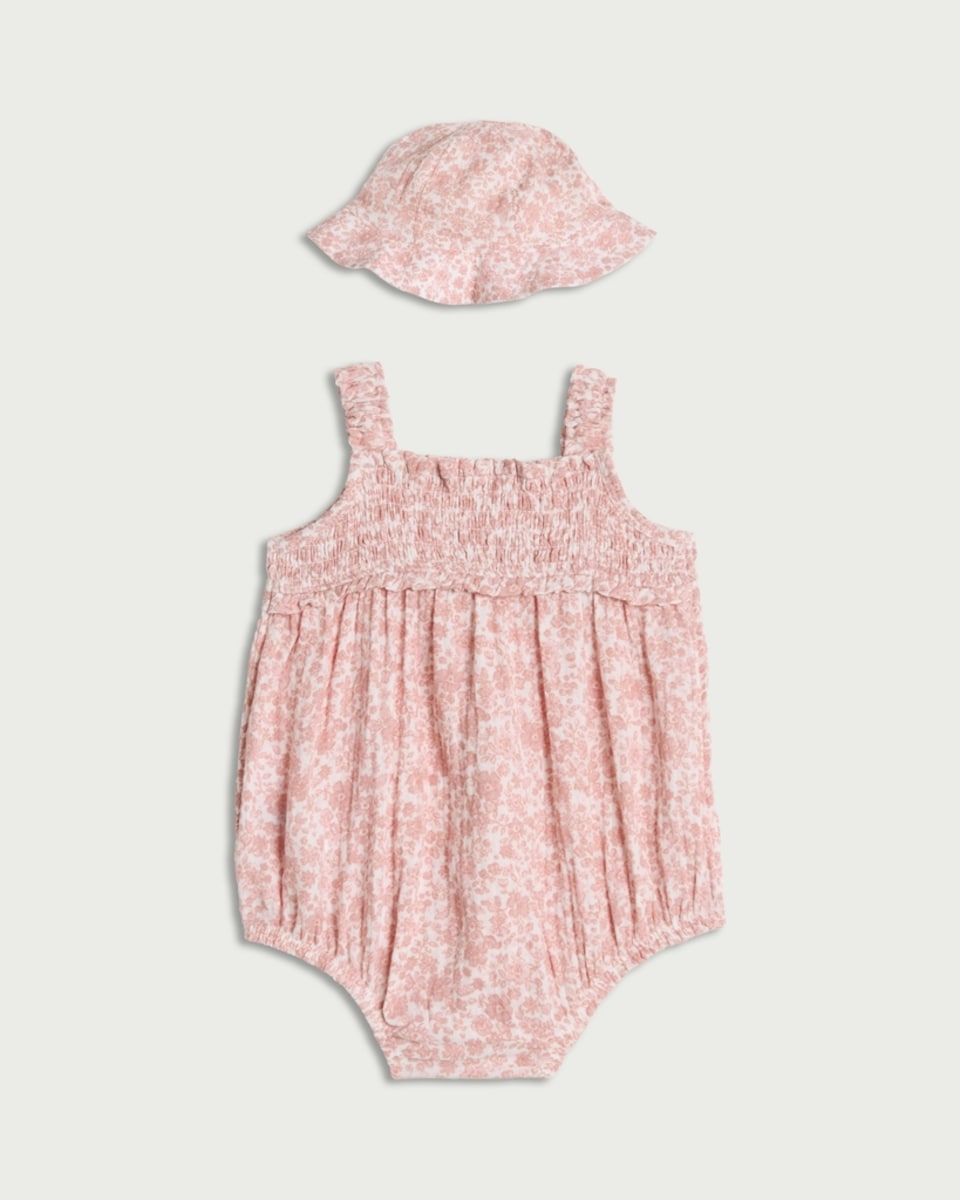 image 1 of F&F Baby 2-Piece Pure Cotton Romper and Hat Set in Pink