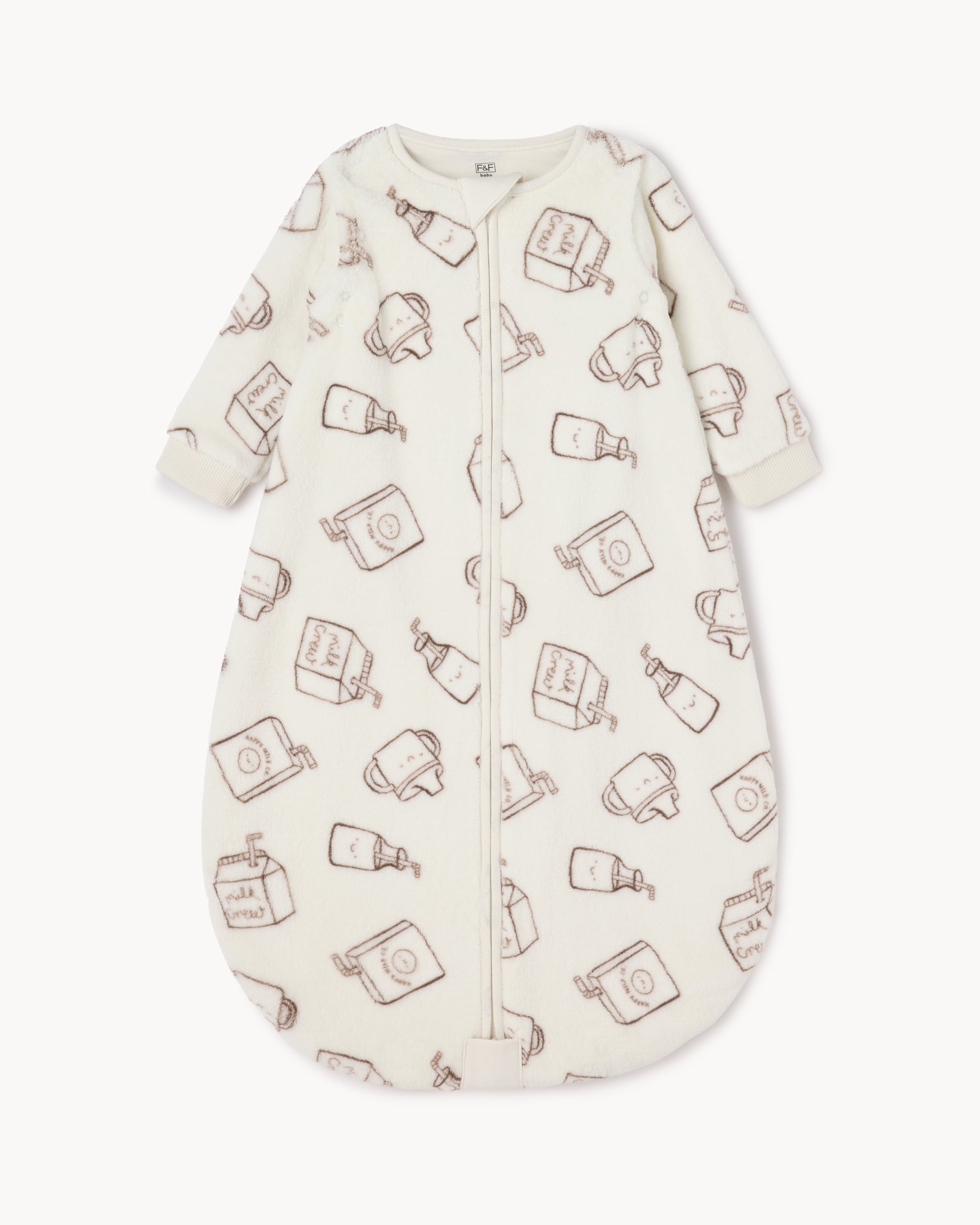 F&F Baby Milk Printed Long Sleeved Fleece 1.5 Tog Sleep Bag in Neutral, 6-12 Months