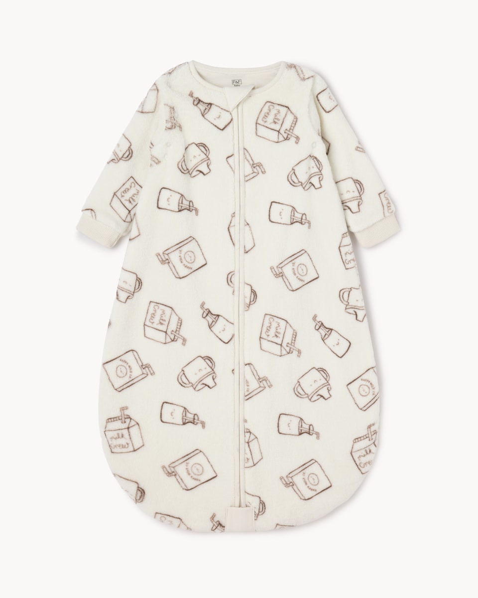 image 1 of F&F Baby Milk Printed Long Sleeved Fleece 1.5 Tog Sleep Bag in Neutral